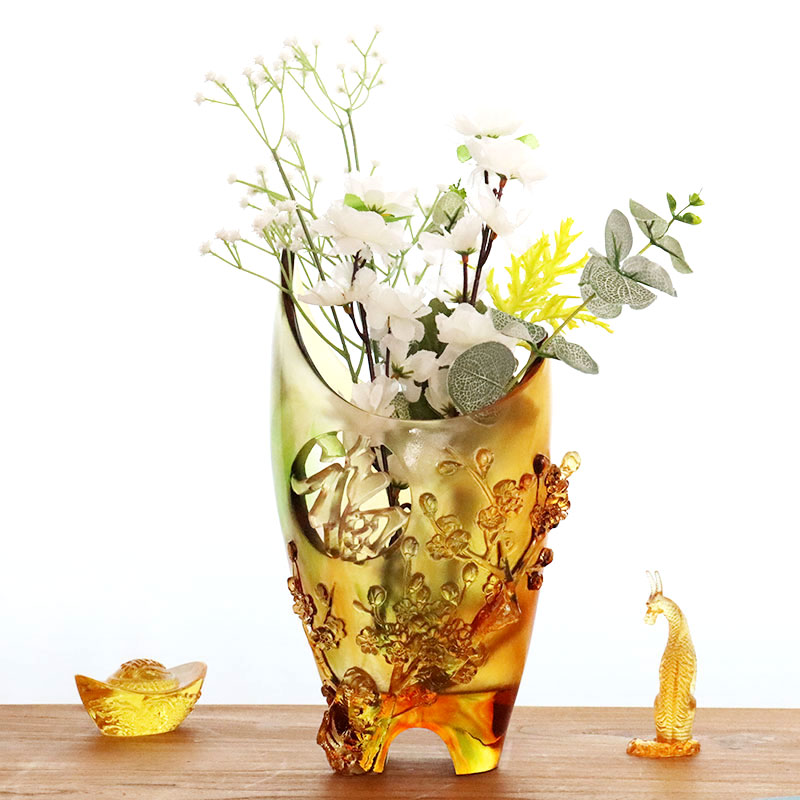 홈 장식 매화 조각 디자인 호박 유리 꽃병