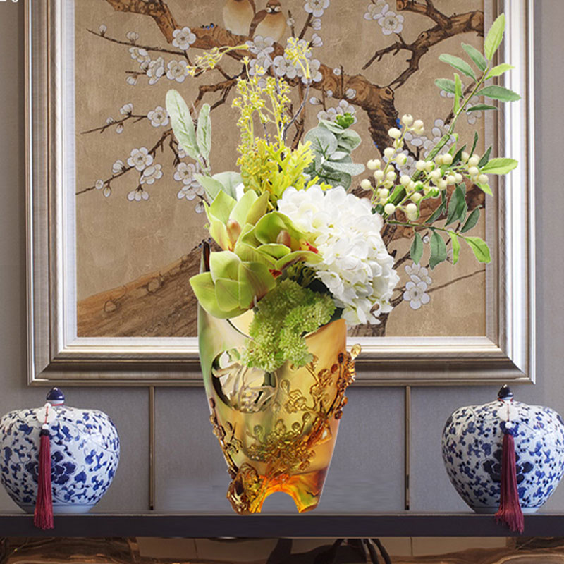 홈 장식 매화 조각 디자인 호박 유리 꽃병