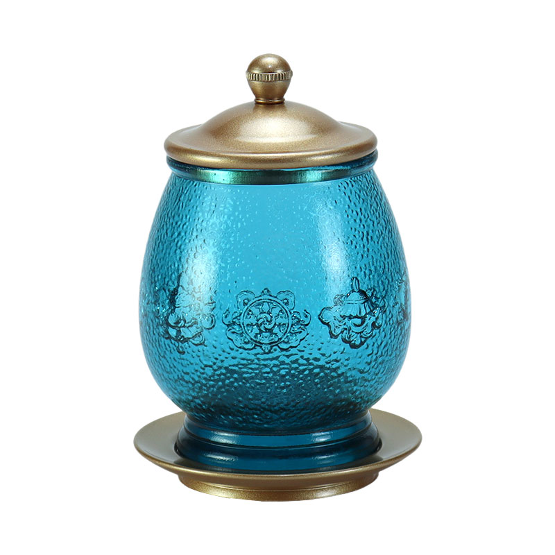 감청색 여덟 가지 상서로운 상징 불교 제단 크리스탈 유리 공물