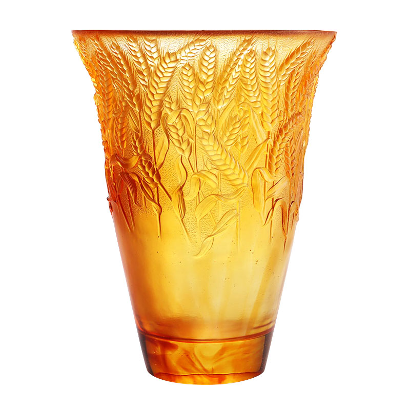 밀 이삭이 양각된 호박색 유리 꽃병