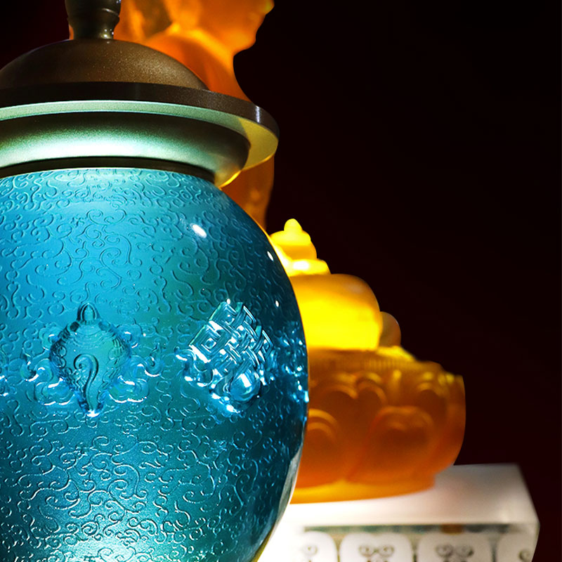 감청색 여덟 가지 상서로운 상징 불교 제단 크리스탈 유리 공물