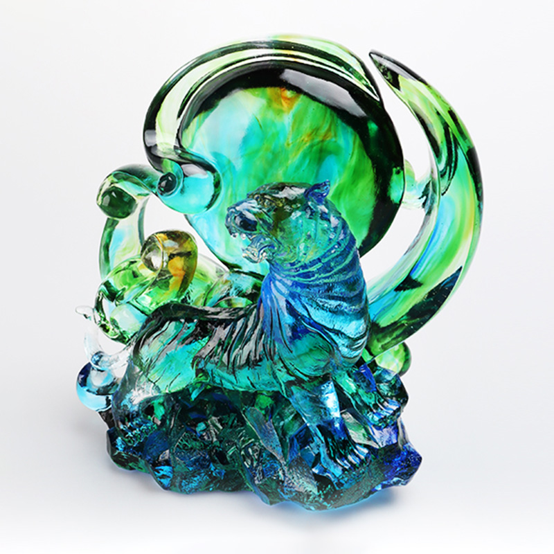 청록색 투명 크리스탈 유리 호랑이 장식품